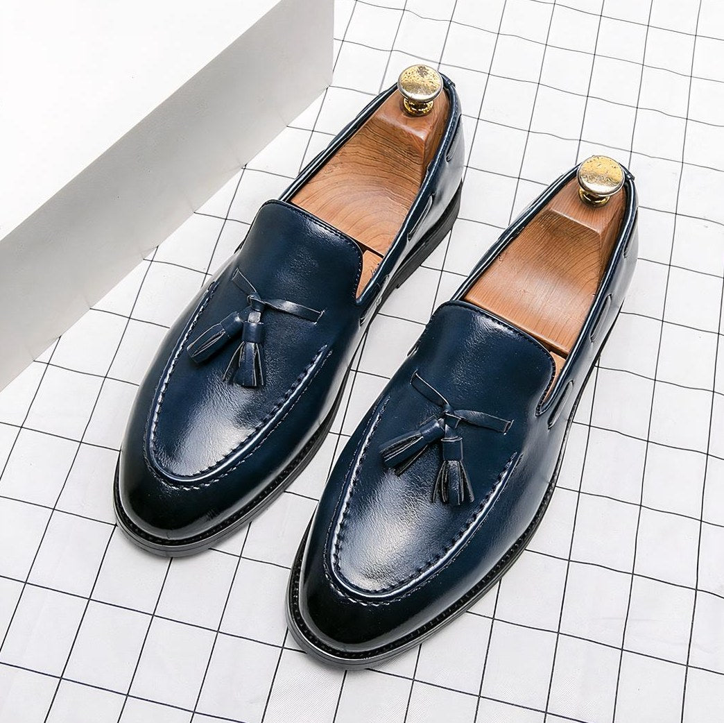 Men's Blue Smooth Leather Tassel Loafers