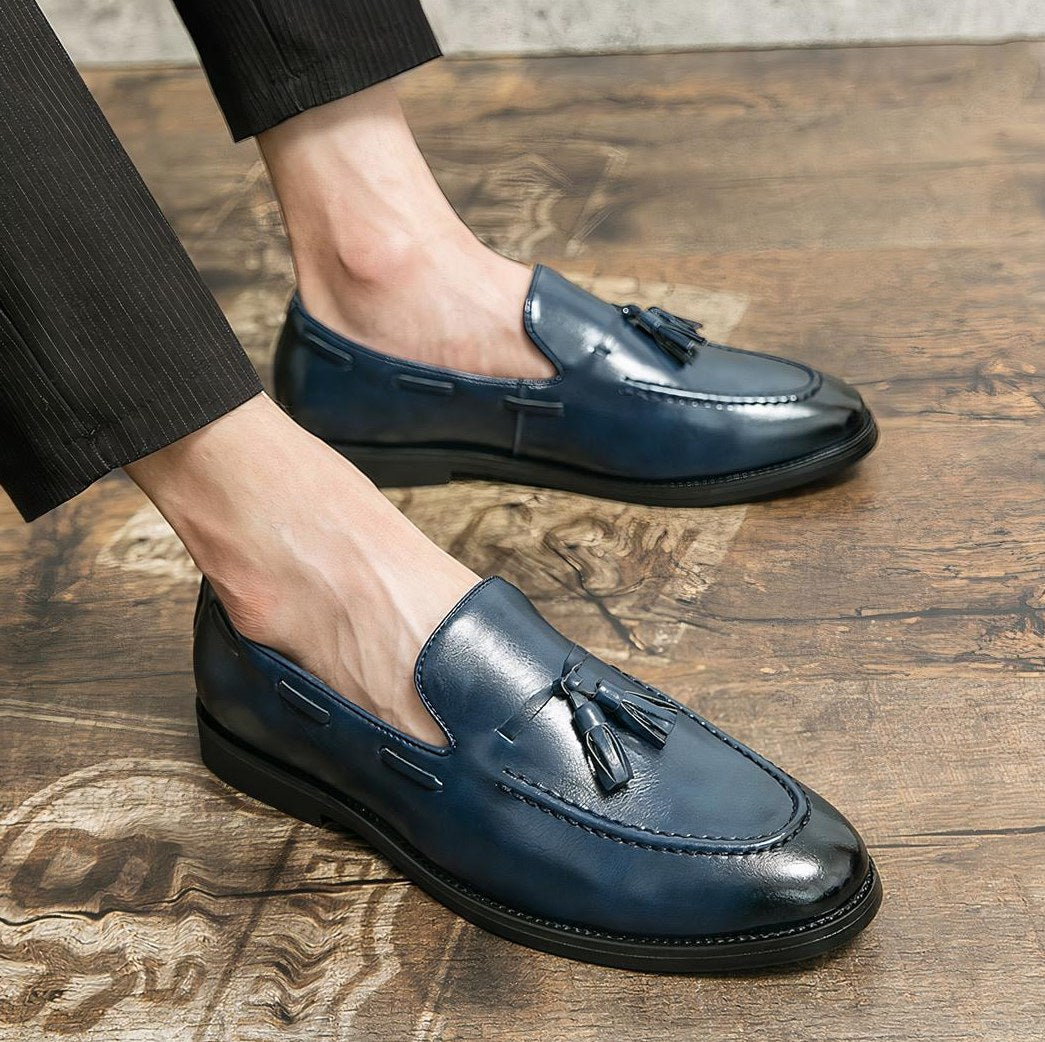 Men's Blue Smooth Leather Tassel Loafers