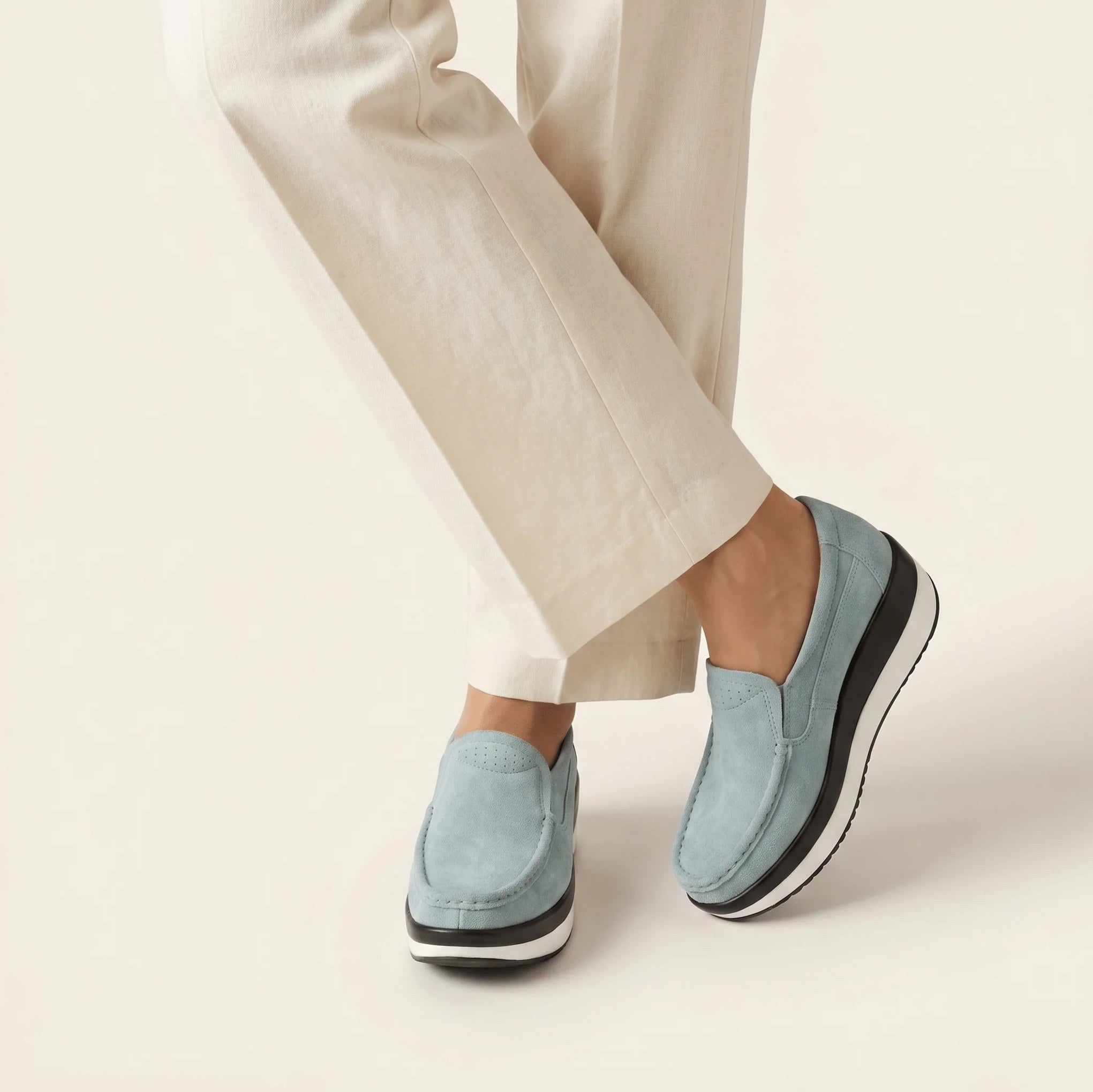 Women's Sage Green Suede Leather Wedge-Sole Loafers