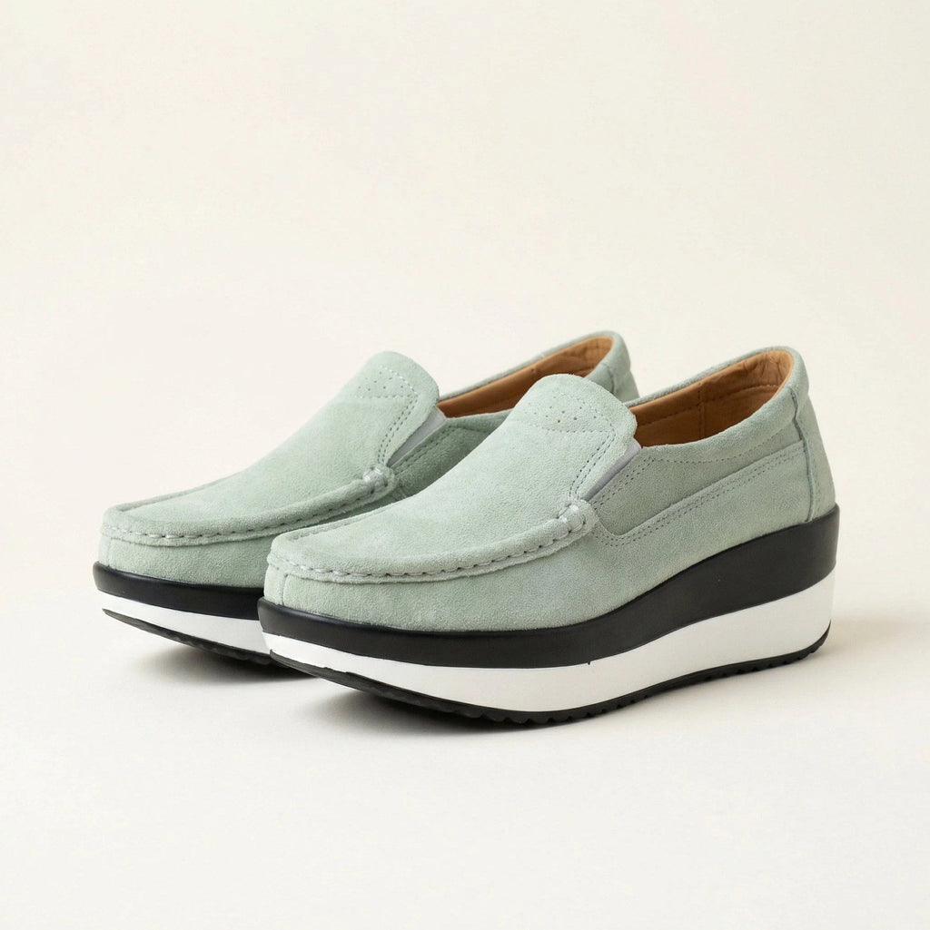 Women's Sage Green Suede Leather Wedge-Sole Loafers