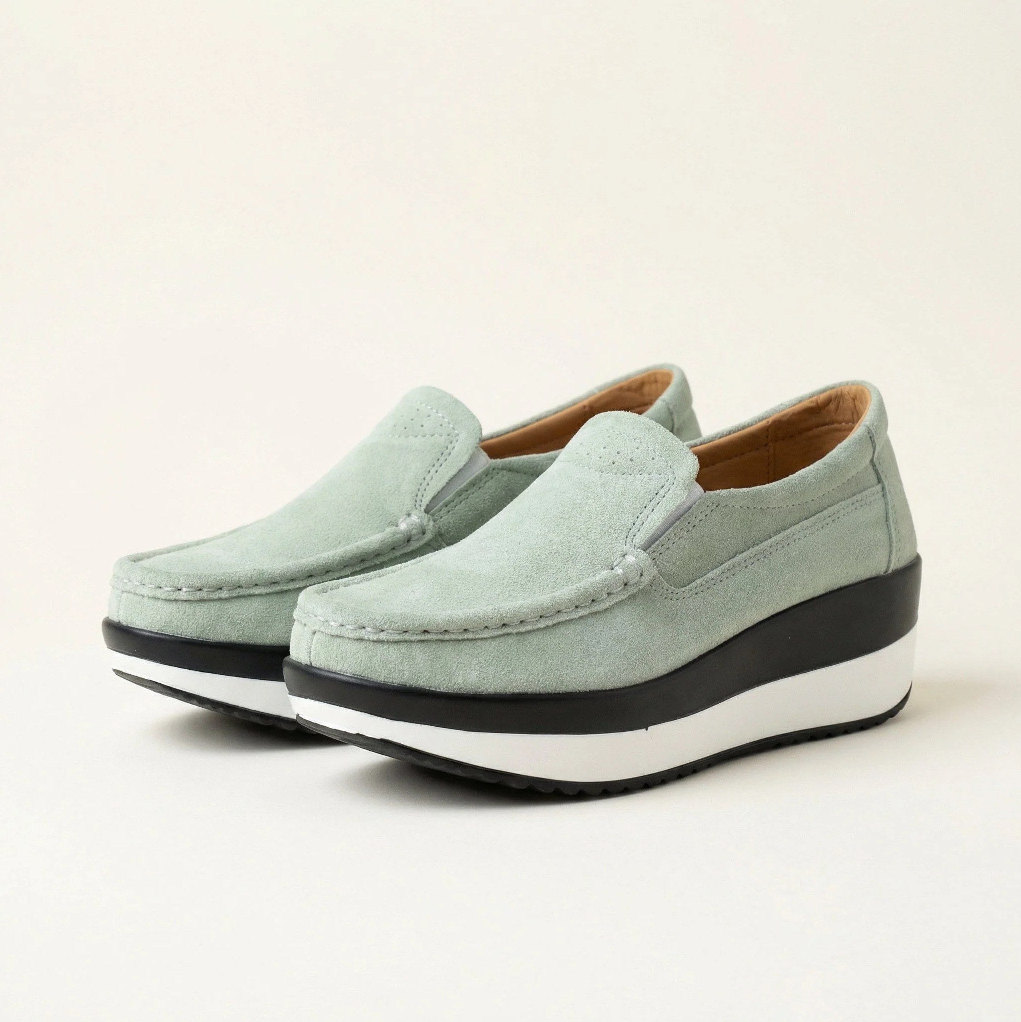 Women's Sage Green Suede Leather Wedge-Sole Loafers