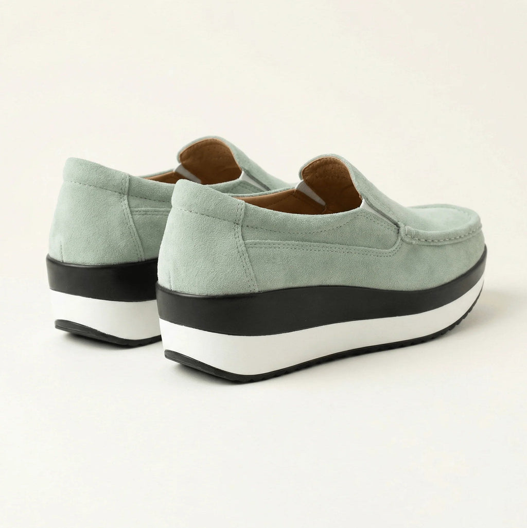Women's Sage Green Suede Leather Wedge-Sole Loafers