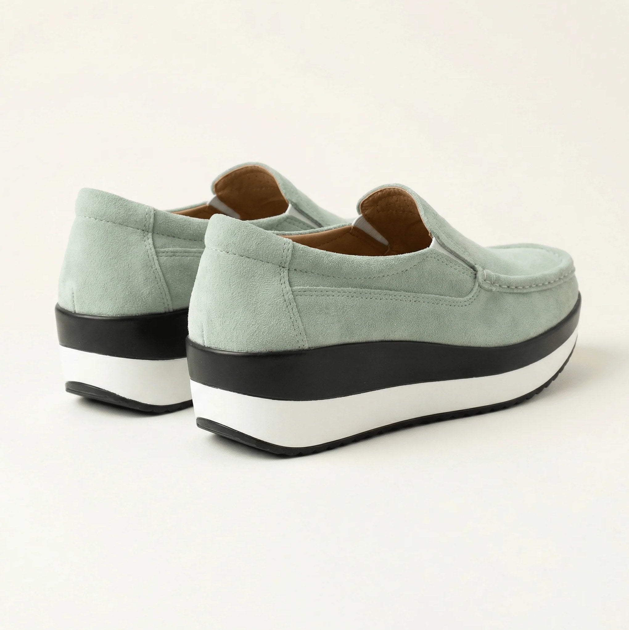 Women's Sage Green Suede Leather Wedge-Sole Loafers