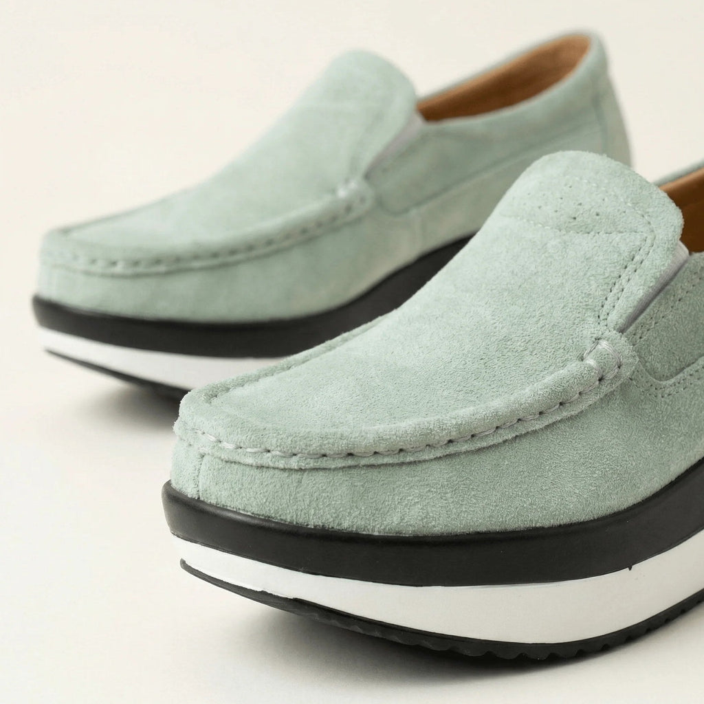 Women's Sage Green Suede Leather Wedge-Sole Loafers