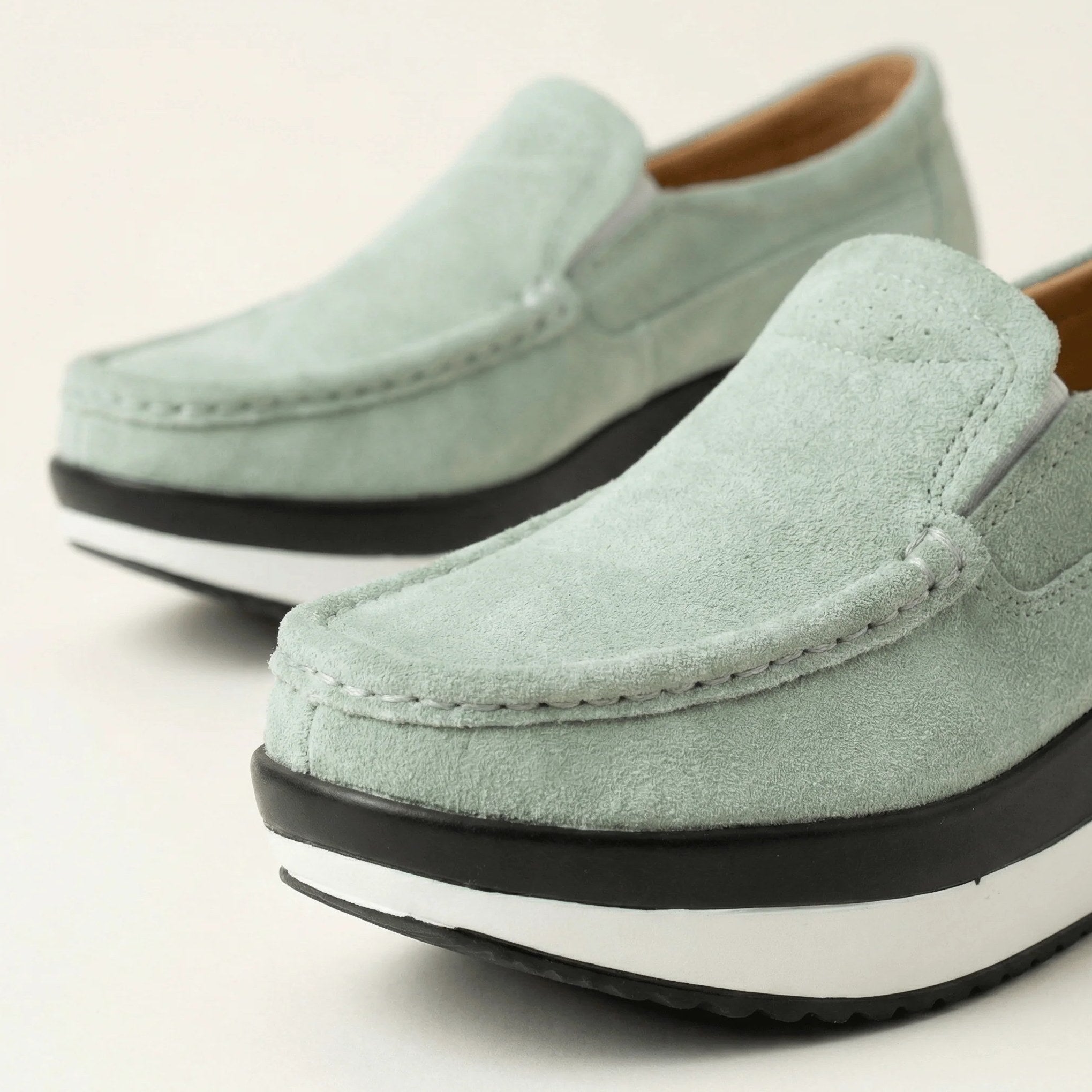 Women's Sage Green Suede Leather Wedge-Sole Loafers