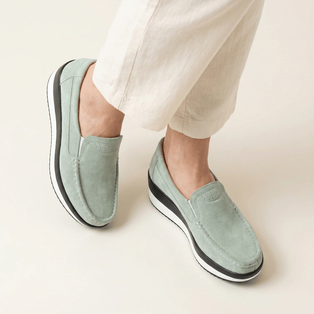 Women's Sage Green Suede Leather Wedge-Sole Loafers