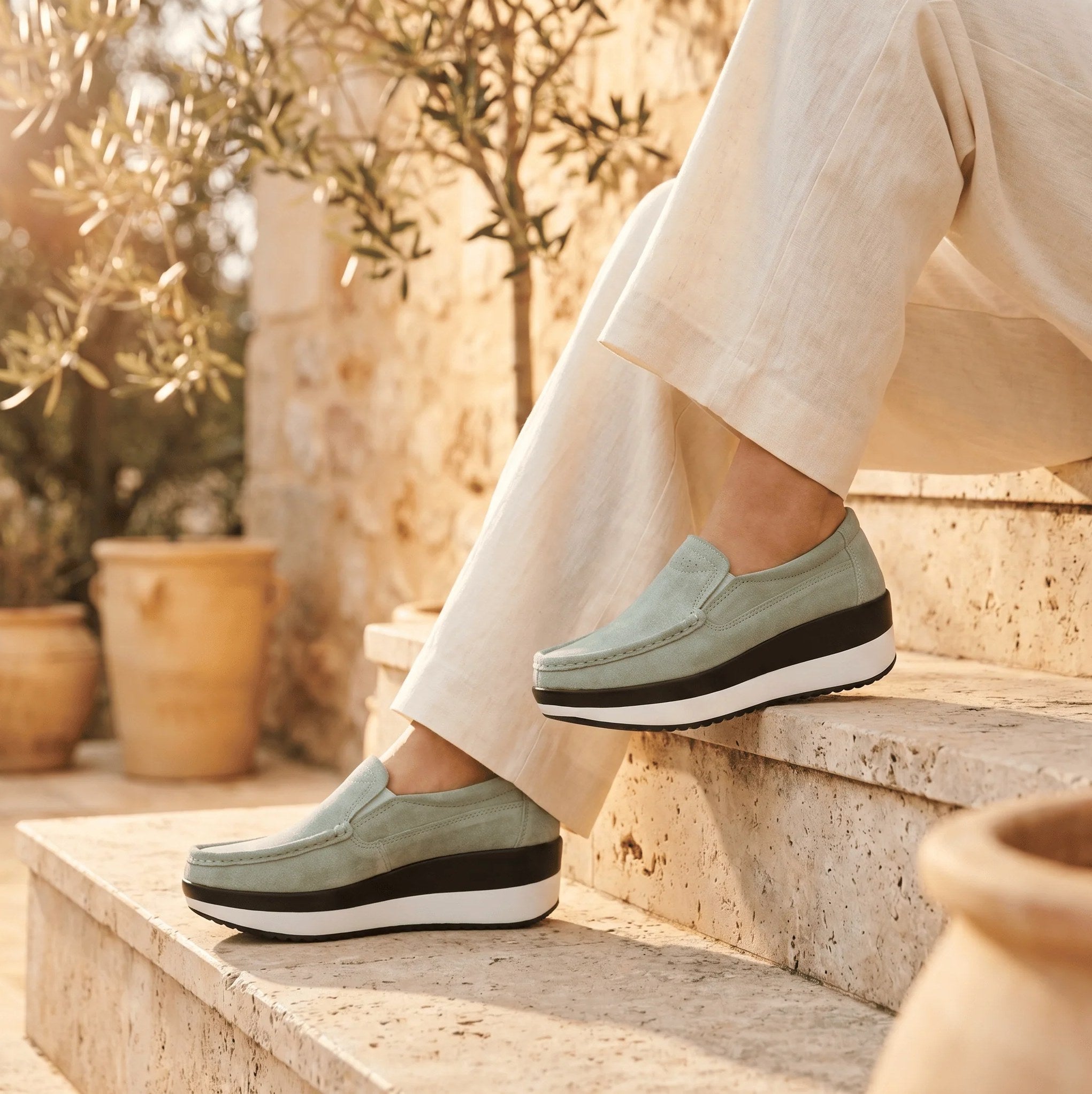Women's Sage Green Suede Leather Wedge-Sole Loafers