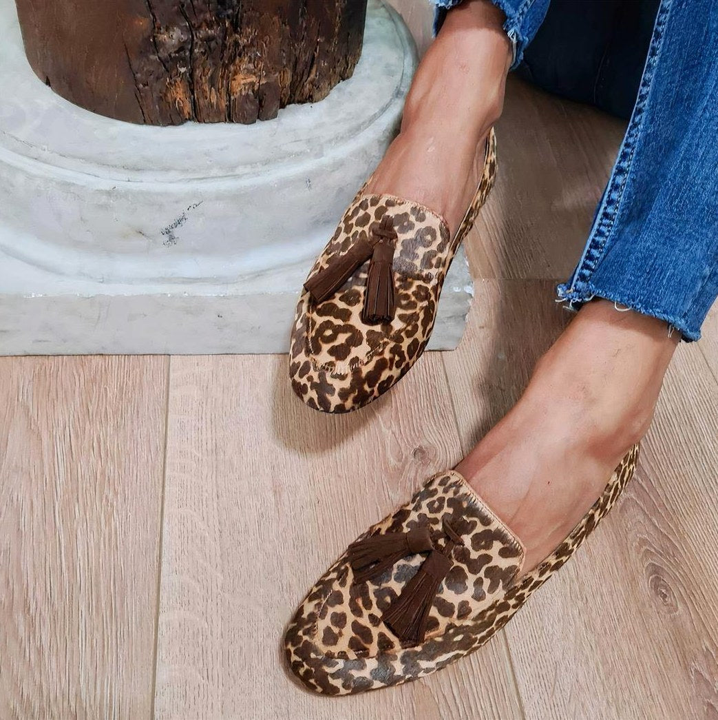Women's Brown Leopard-Print Flat Moccasins with Fringe
