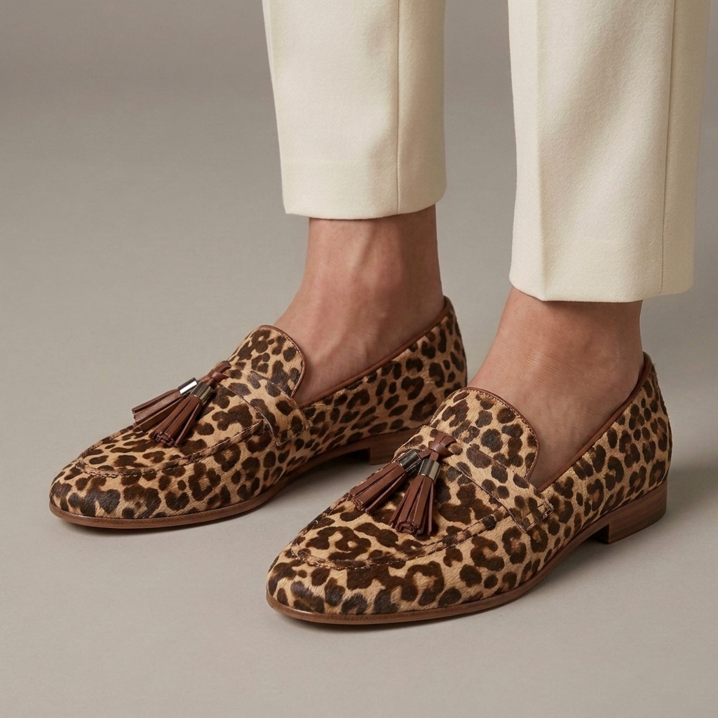 Women's Brown Leopard-Print Flat Moccasins with Fringe
