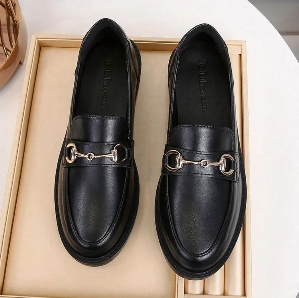 Women's Black Leather Moccasin with Square Heel and Buckle
