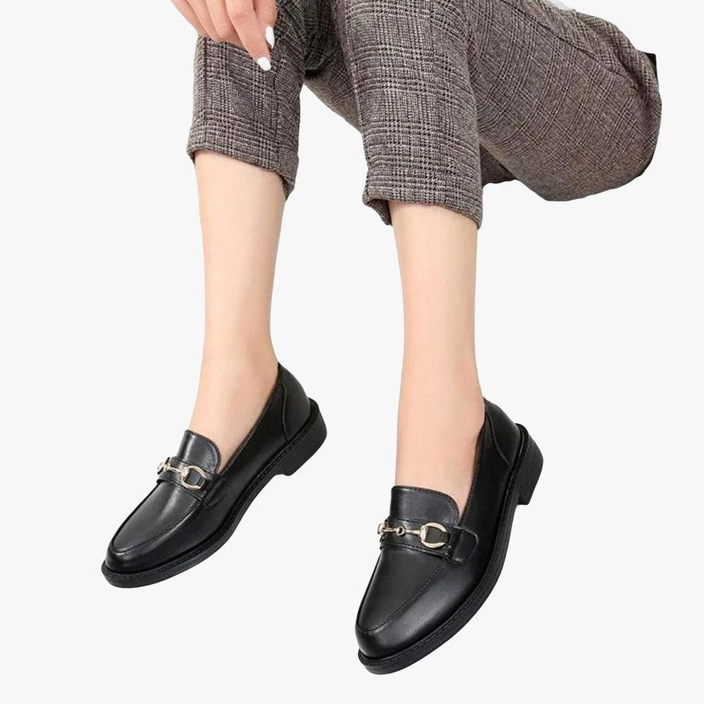 Women's Black Leather Moccasin with Square Heel and Buckle