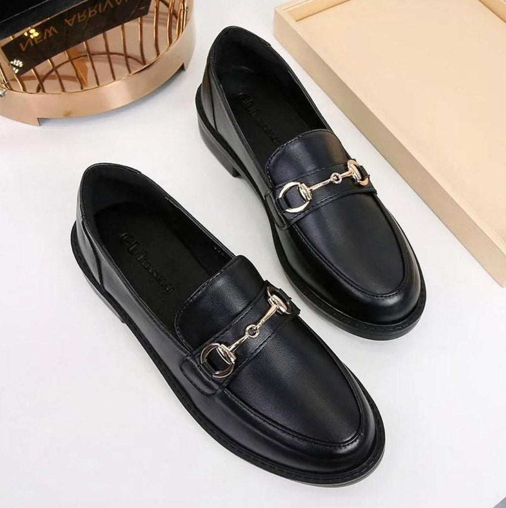Women's Black Leather Moccasin with Square Heel and Buckle