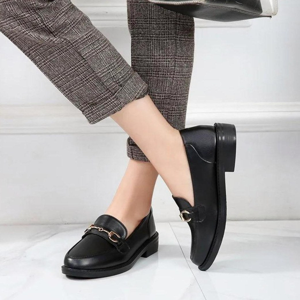 Women's Black Leather Moccasin with Square Heel and Buckle