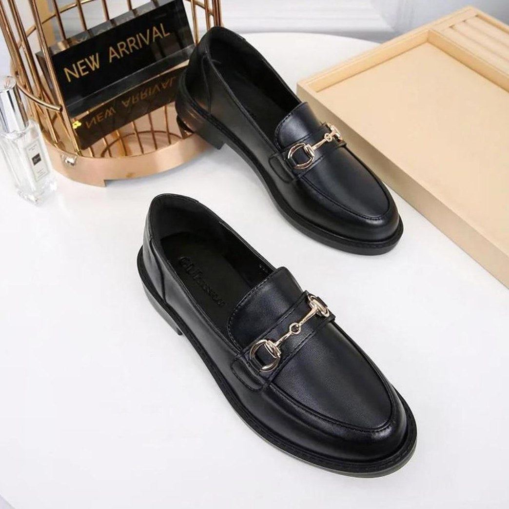 Women's Black Leather Moccasin with Square Heel and Buckle