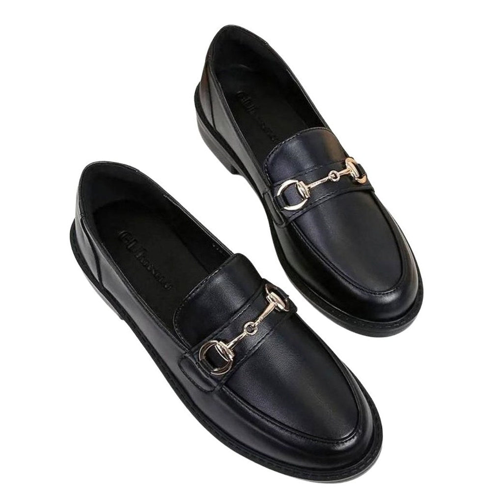 Women's Black Leather Moccasin with Square Heel and Buckle