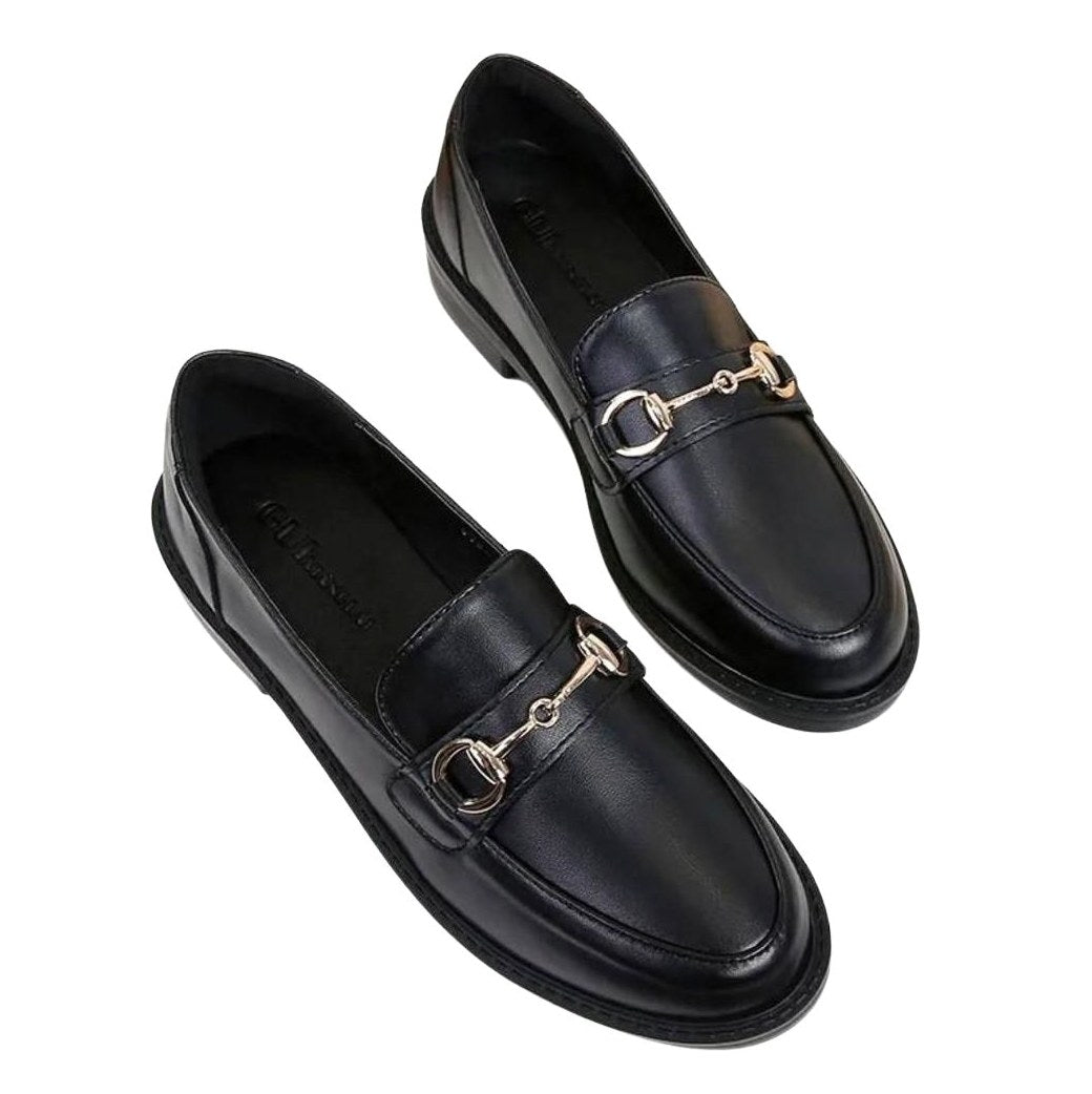 Women's Black Leather Moccasin with Square Heel and Buckle