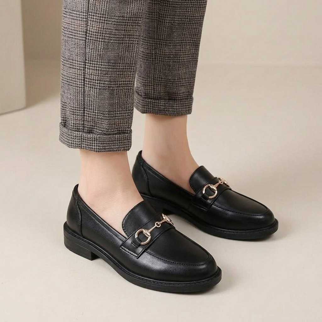 Women's Black Leather Moccasin with Square Heel and Buckle