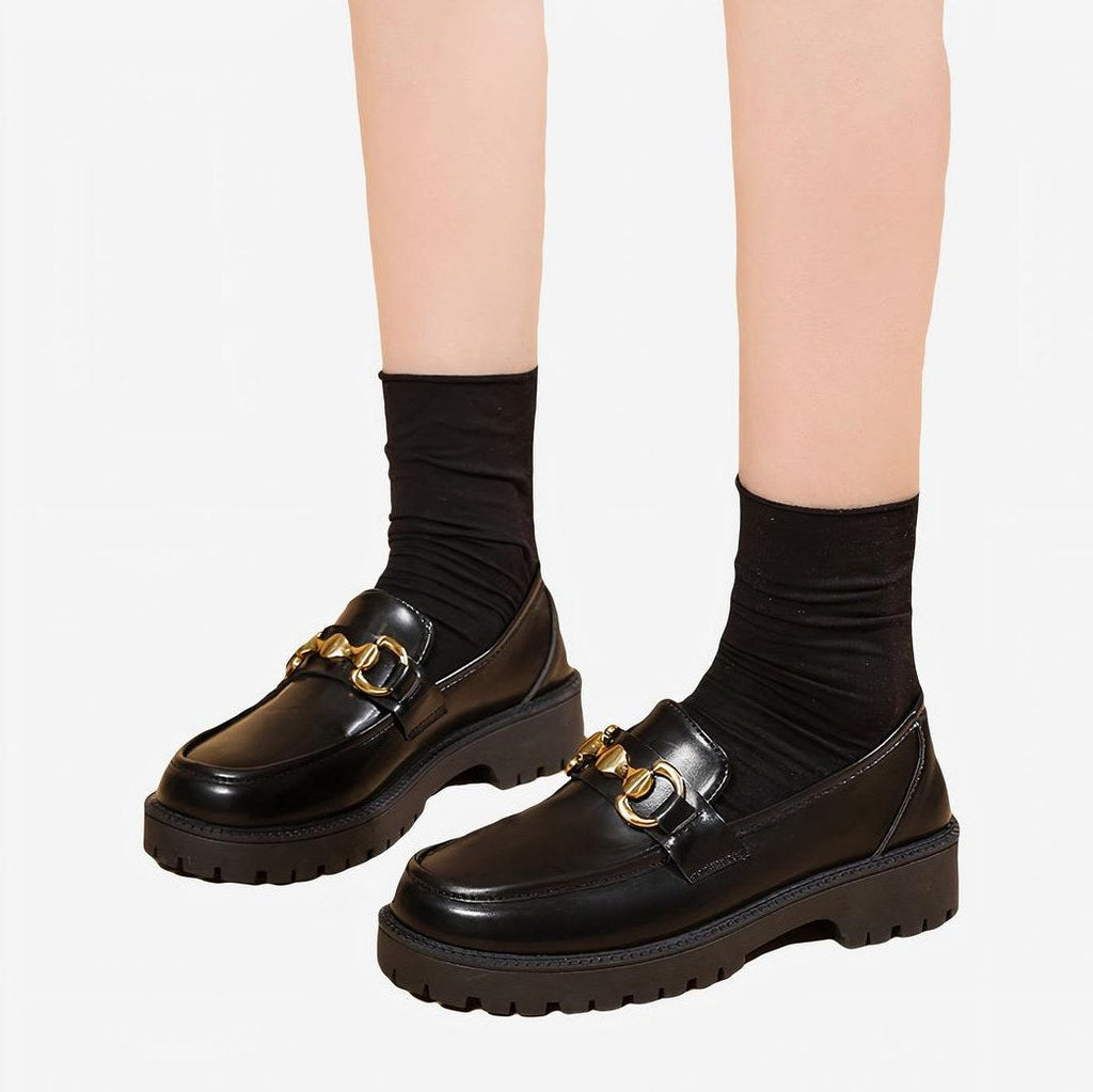 Women's Black Loafers with Thick Sole and Chain