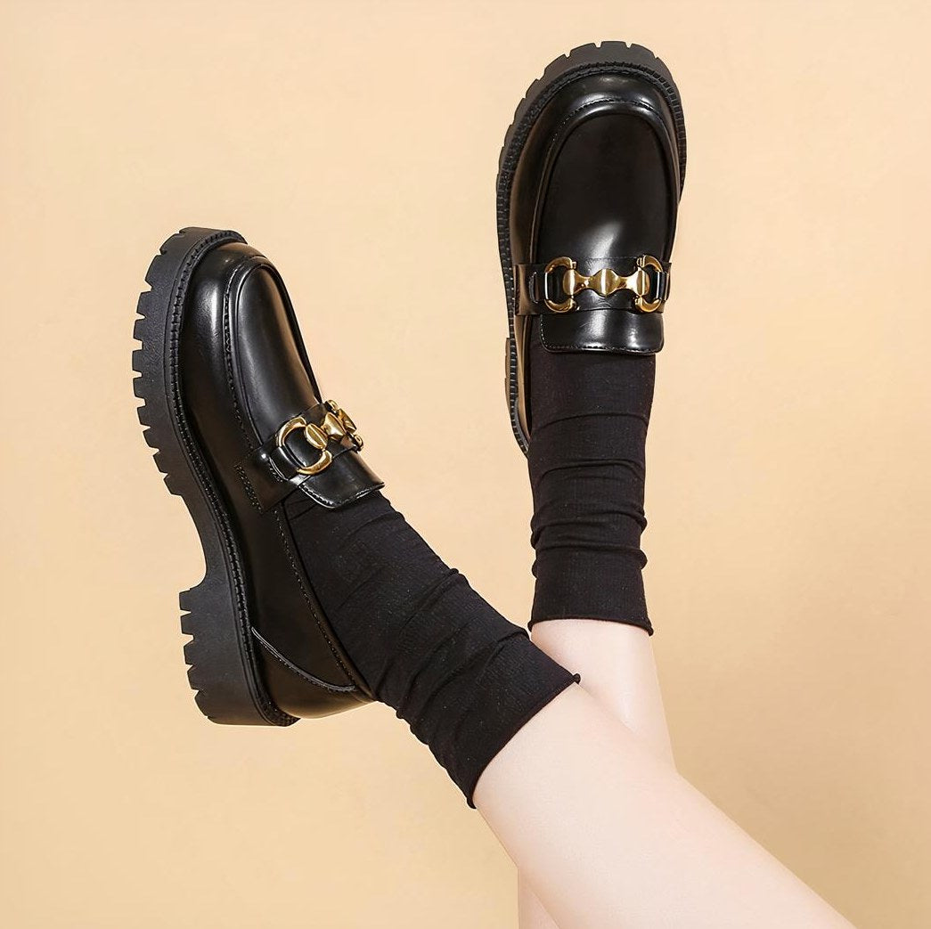 Women's Black Loafers with Thick Sole and Chain