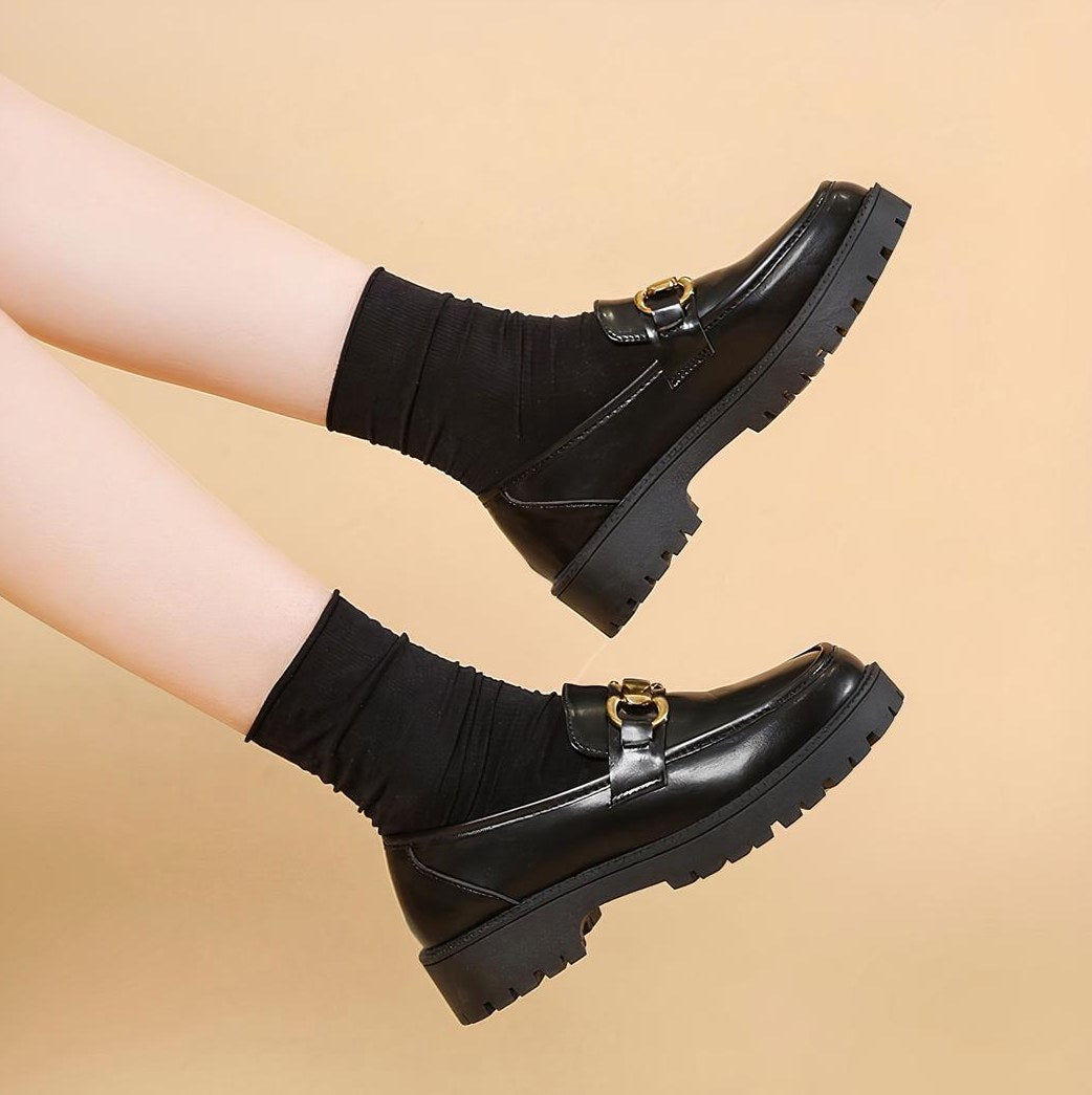 Women's Black Loafers with Thick Sole and Chain