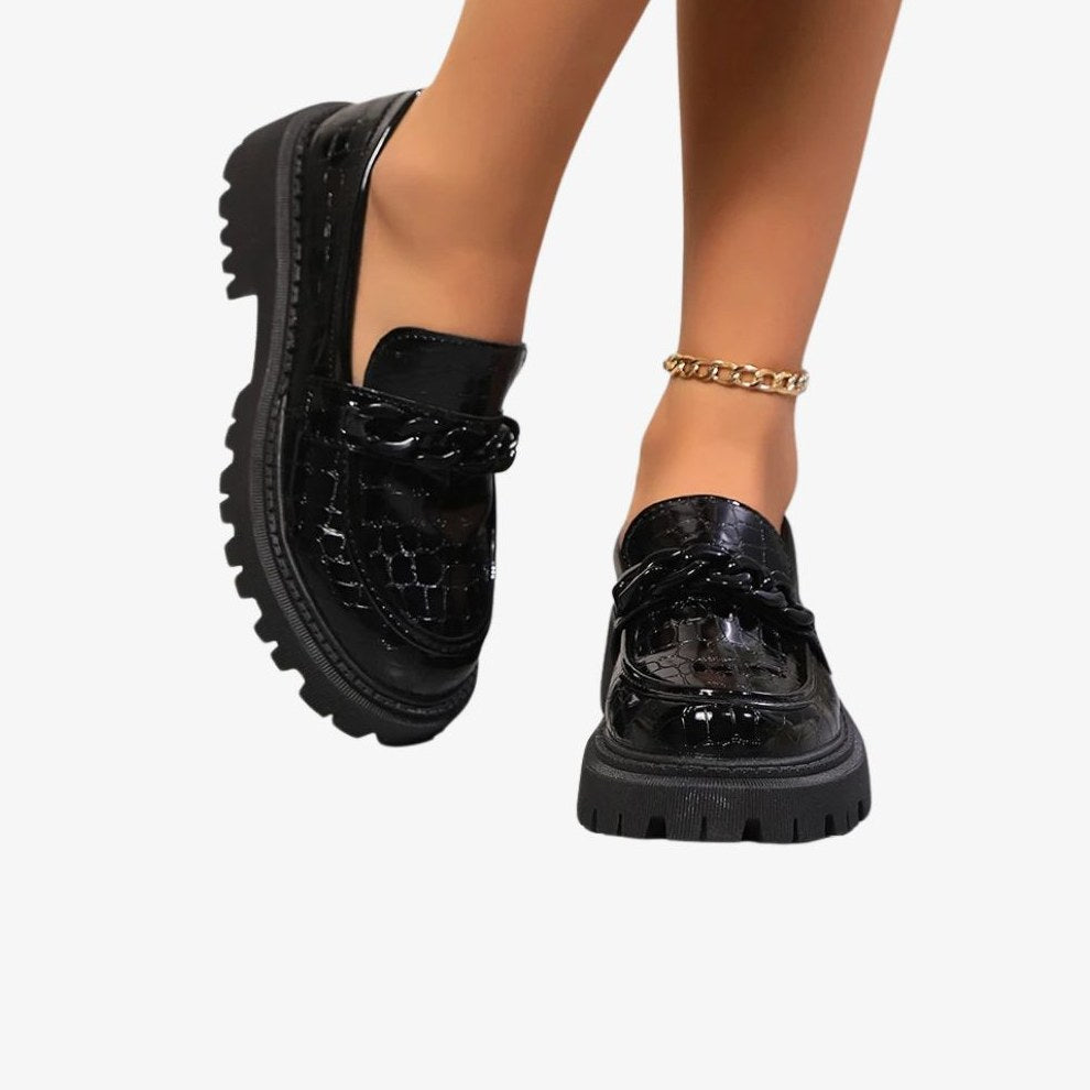 Women's Black Patent Leather Crocodile-Effect Loafers