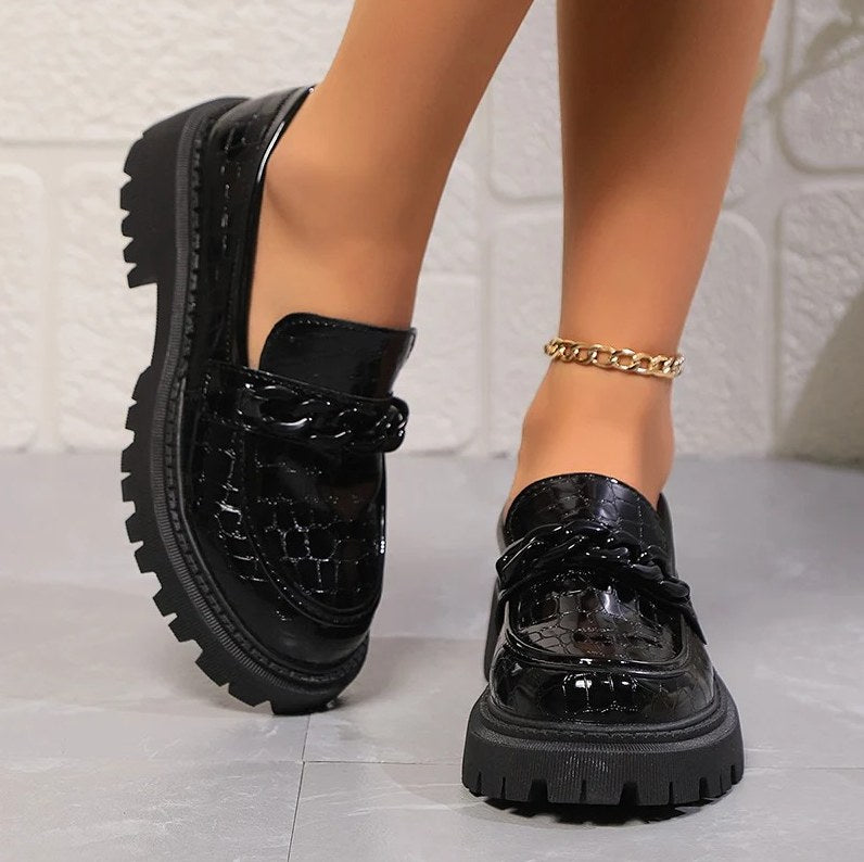 Women's Black Patent Leather Crocodile-Effect Loafers