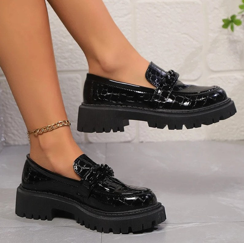 Women's Black Patent Leather Crocodile-Effect Loafers