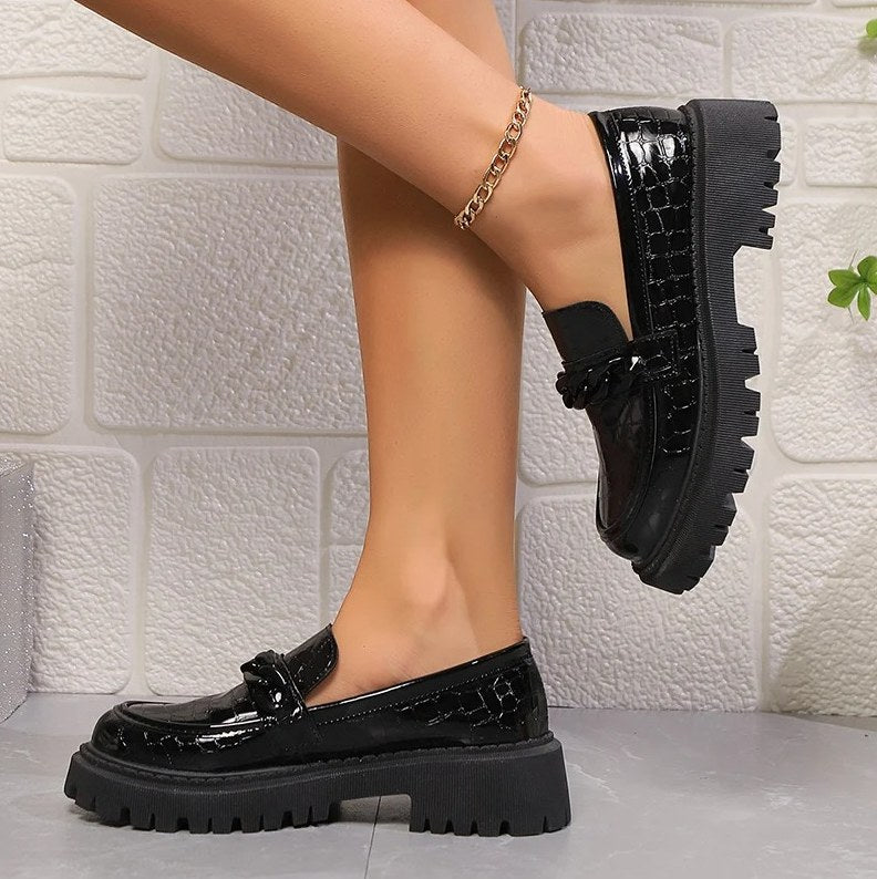 Women's Black Patent Leather Crocodile-Effect Loafers