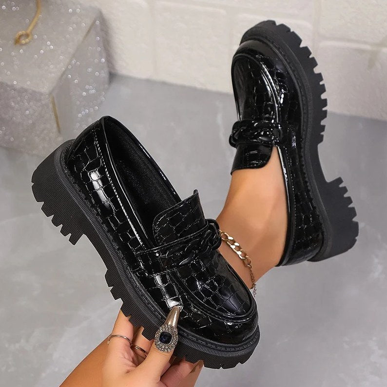 Women's Black Patent Leather Crocodile-Effect Loafers