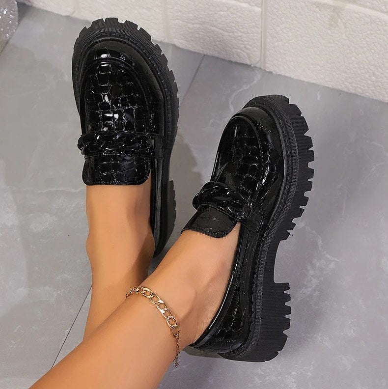 Women's Black Patent Leather Crocodile-Effect Loafers