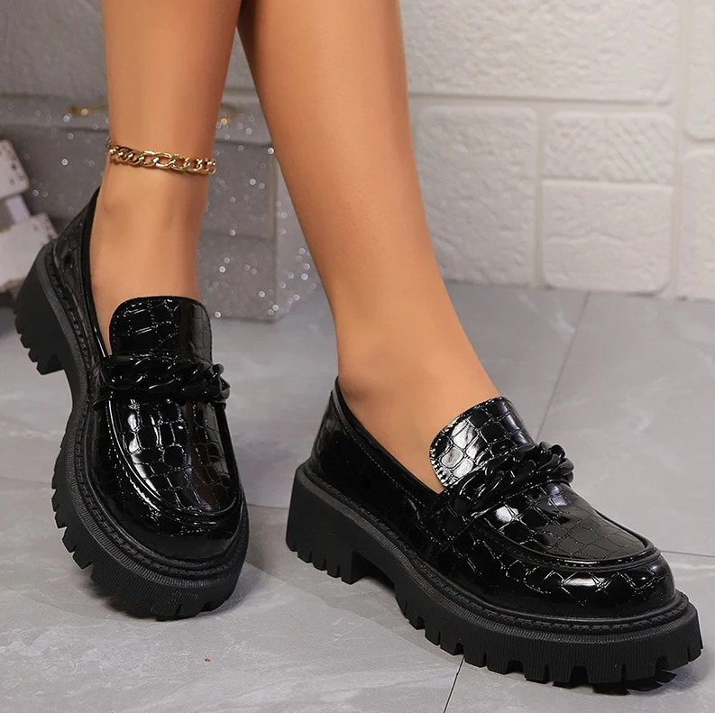 Women's Black Patent Leather Crocodile-Effect Loafers