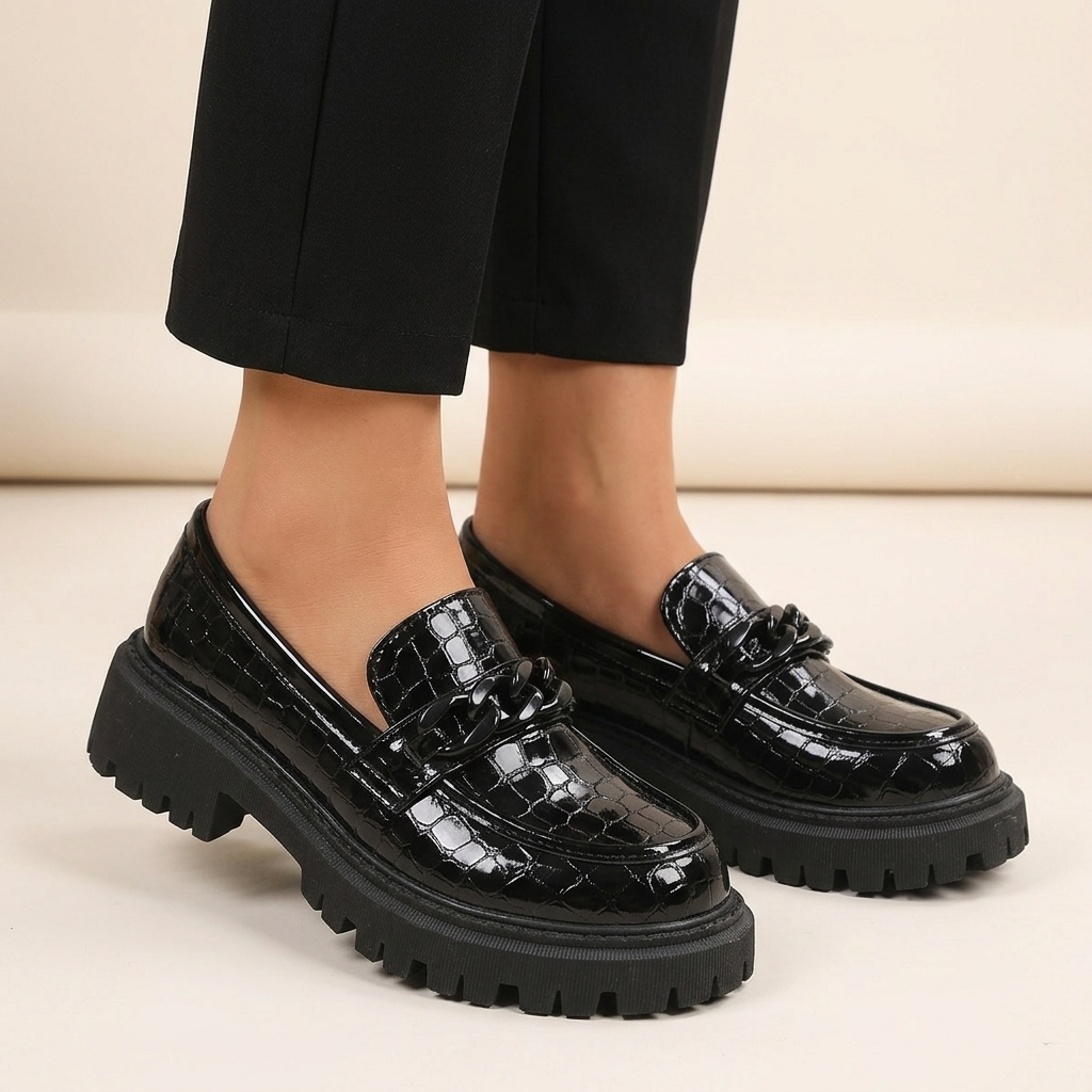 Women's Black Patent Leather Crocodile-Effect Loafers