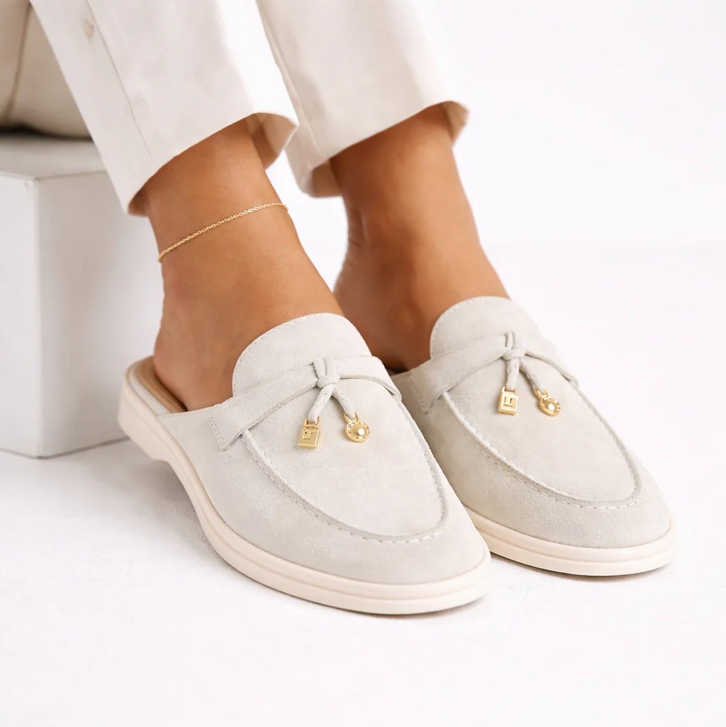 Women's Off-White Lamb Suede Open-Back Loafers