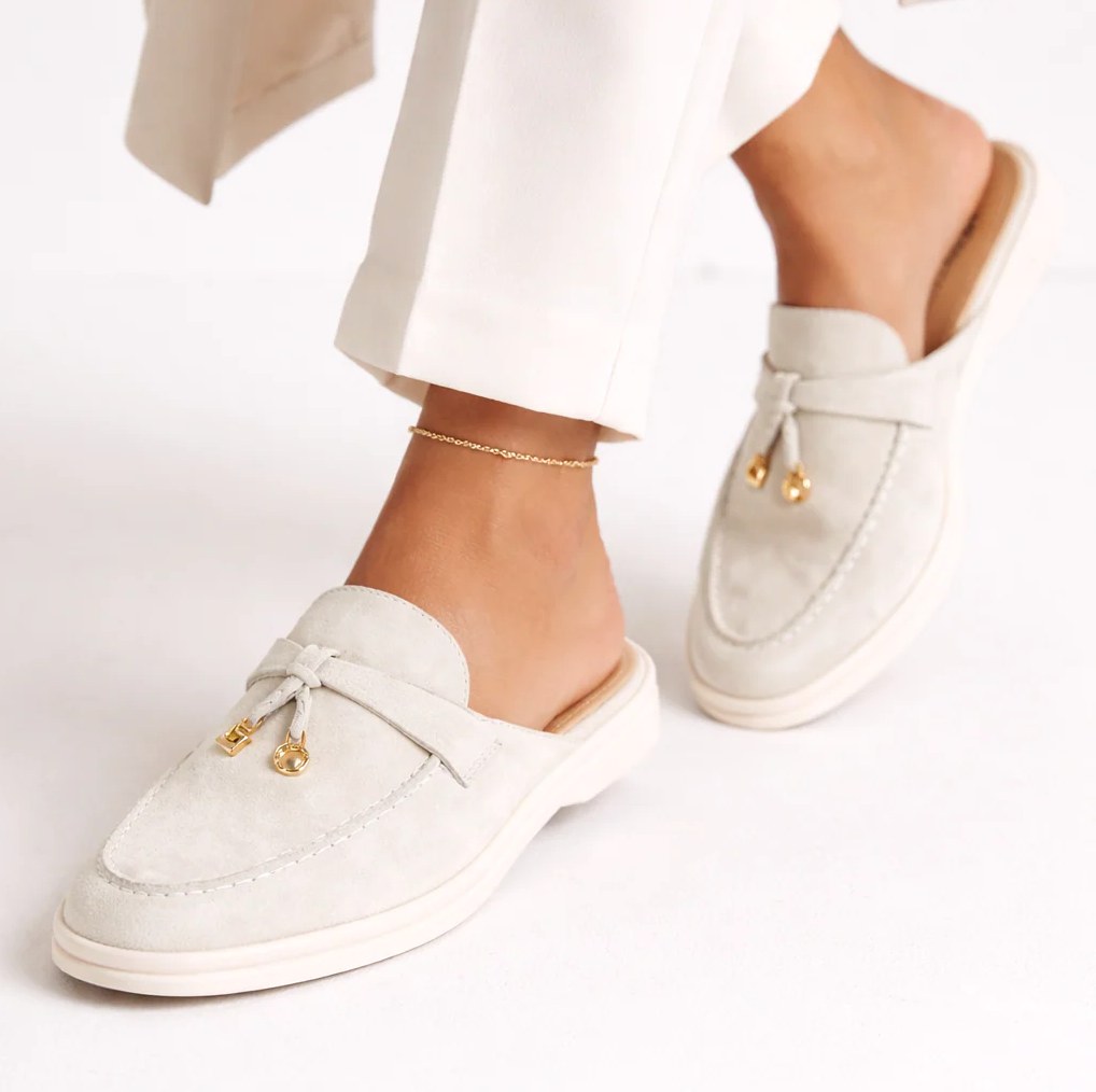Women's Off-White Lamb Suede Open-Back Loafers