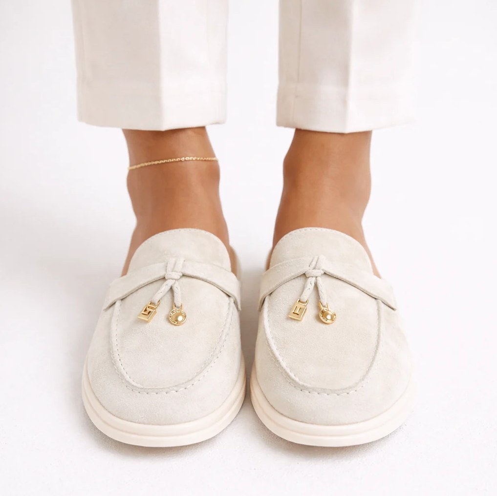 Women's Off-White Lamb Suede Open-Back Loafers