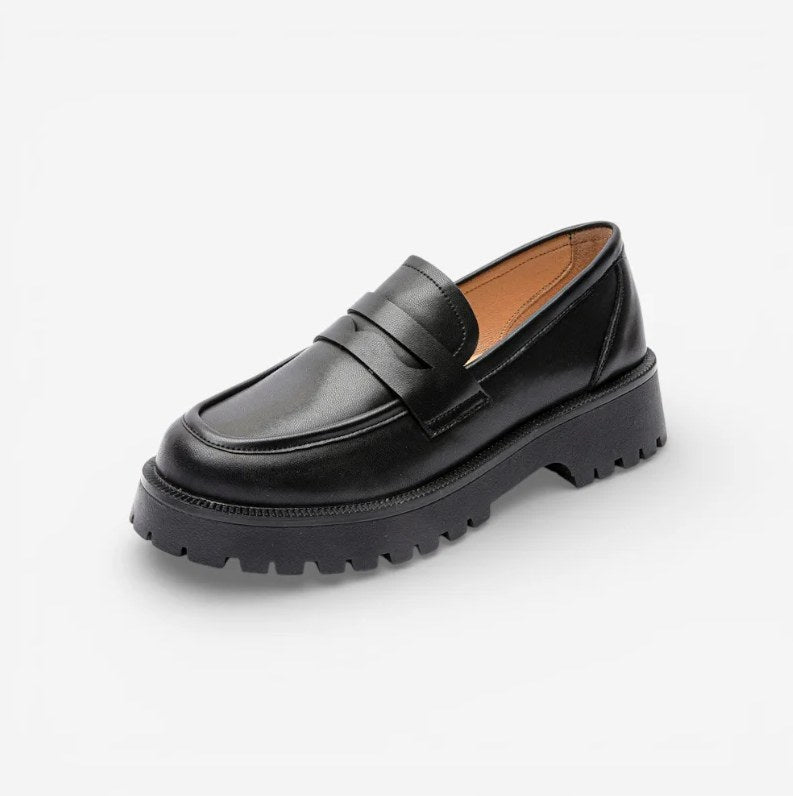 Women's Black Leather Platform Moccasins with Square Heel