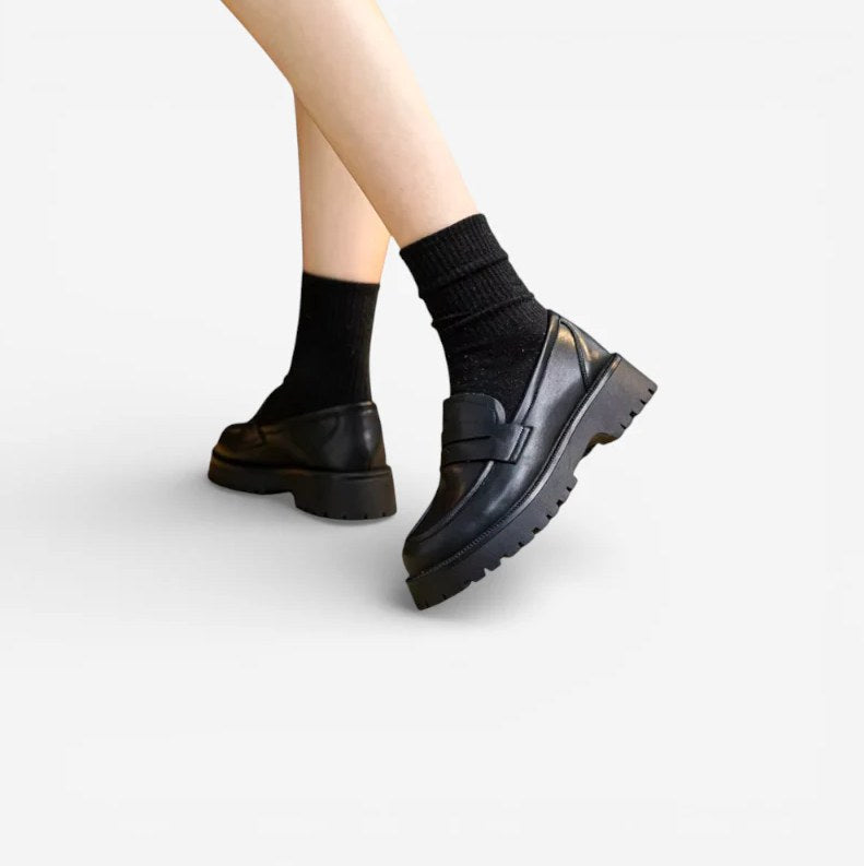 Women's Black Leather Platform Moccasins with Square Heel