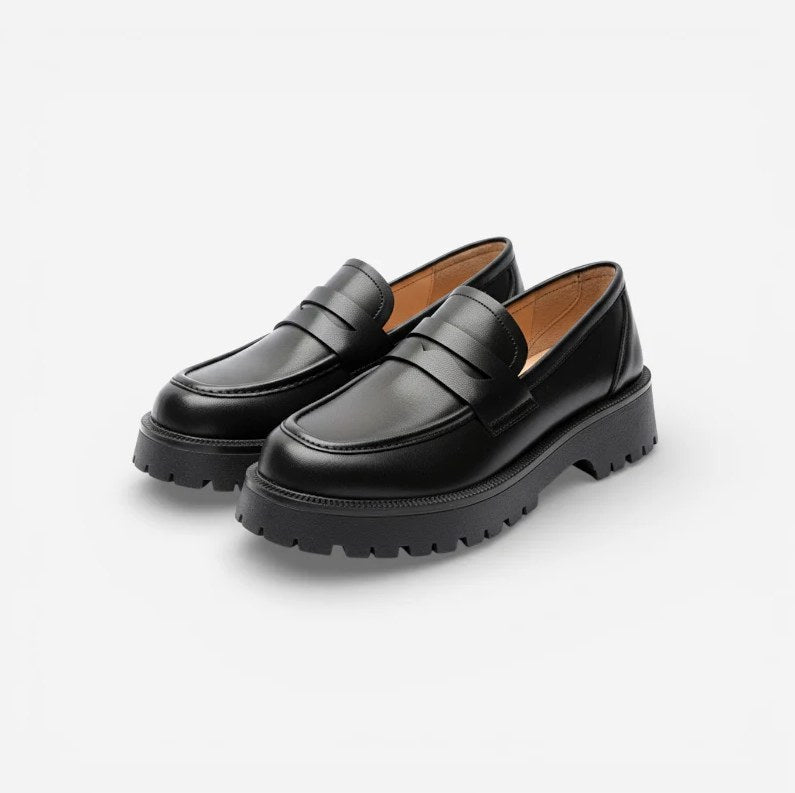Women's Black Leather Platform Moccasins with Square Heel