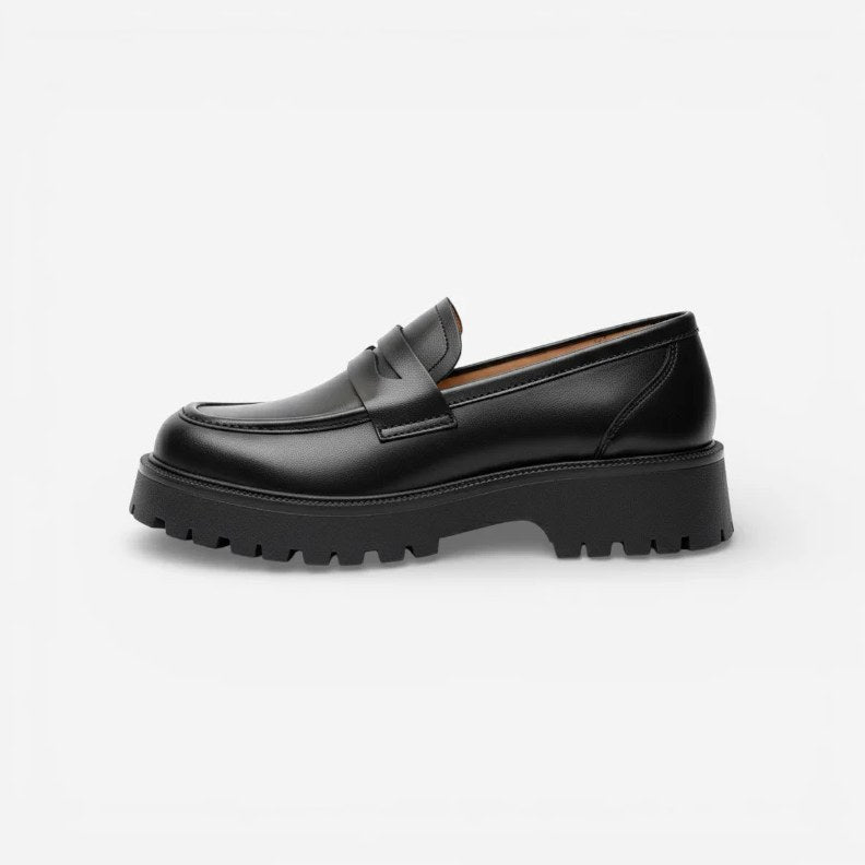 Women's Black Leather Platform Moccasins with Square Heel