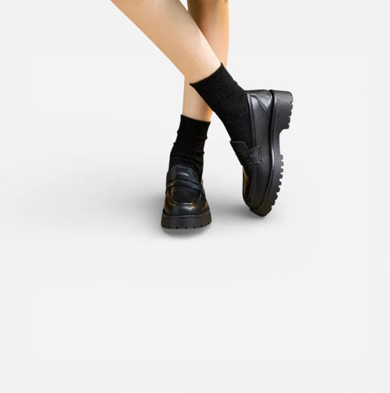 Women's Black Leather Platform Moccasins with Square Heel