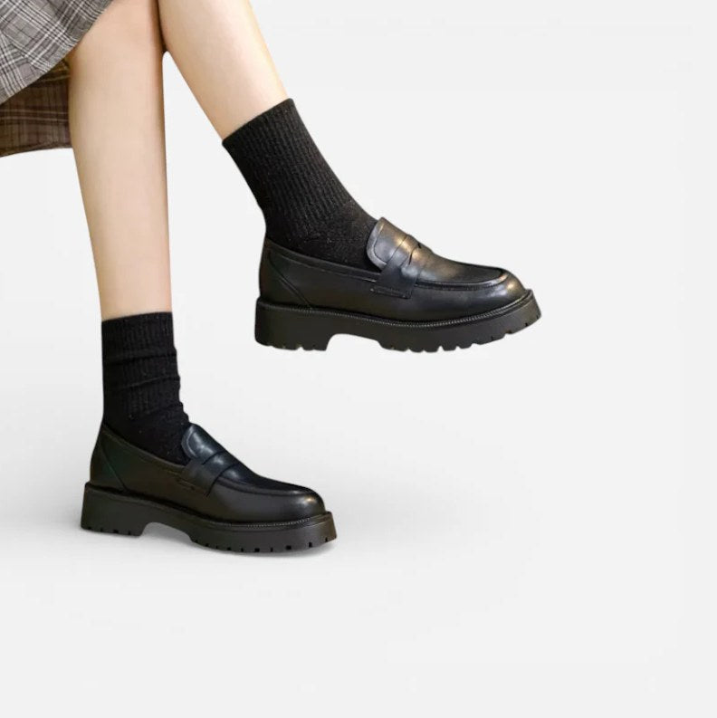 Women's Black Leather Platform Moccasins with Square Heel