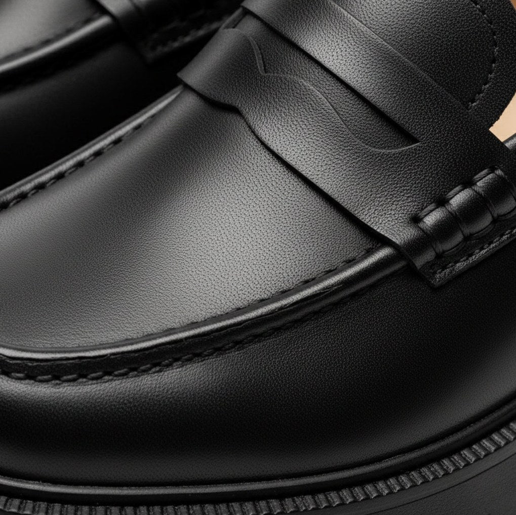 Women's Black Leather Platform Moccasins with Square Heel