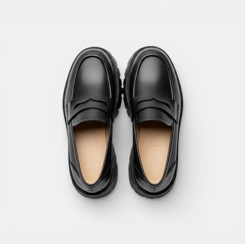 Women's Black Leather Platform Moccasins with Square Heel