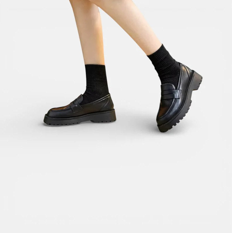 Women's Black Leather Platform Moccasins with Square Heel
