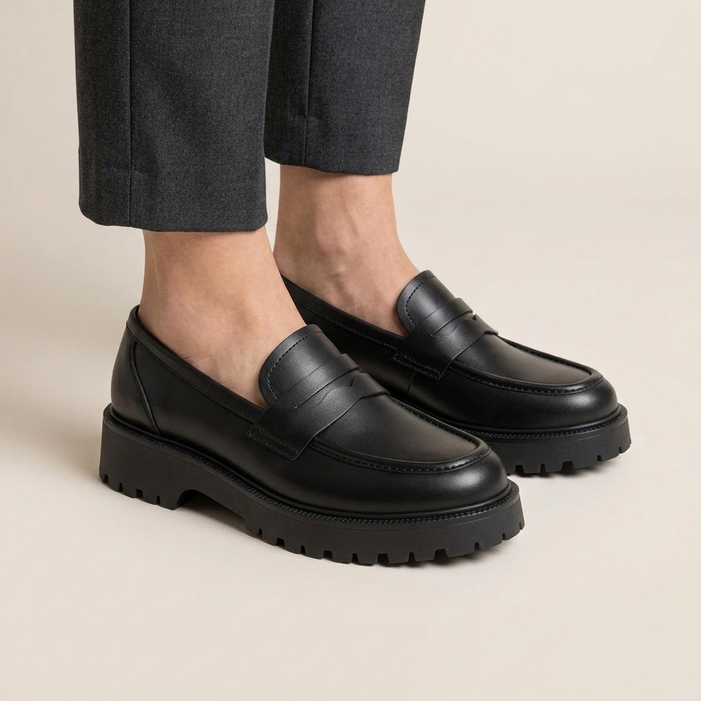 Women's Black Leather Platform Moccasins with Square Heel