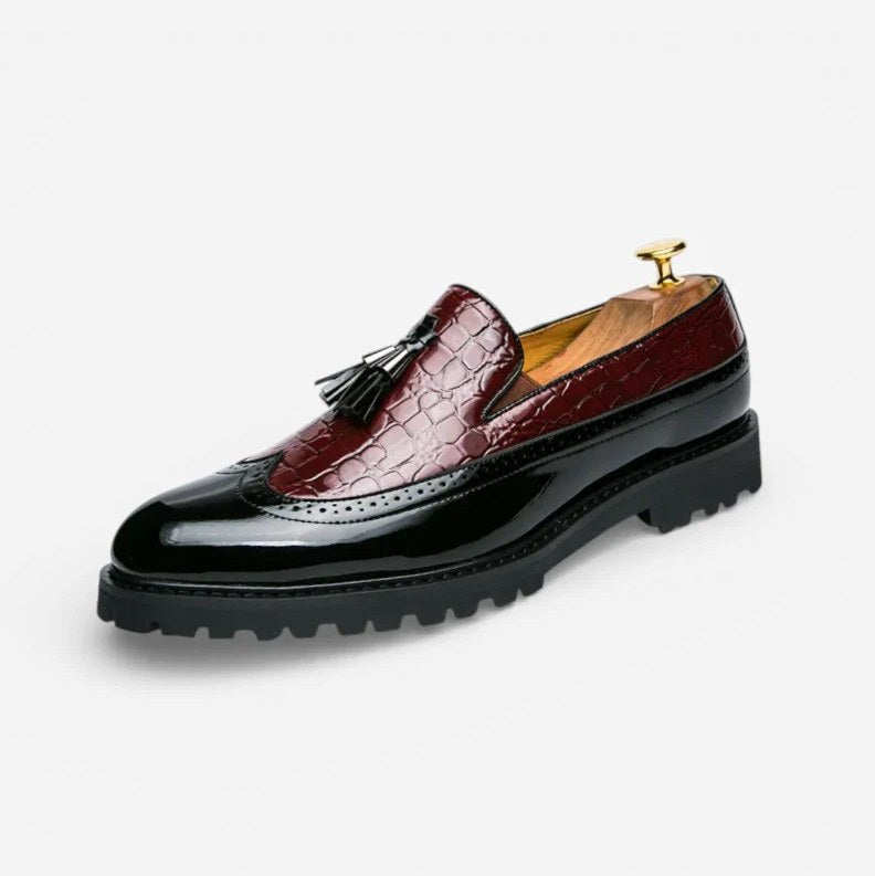Men's Black Leather Wedge-Sole Tassel Loafers