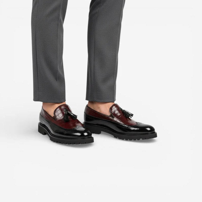 Men's Black Leather Wedge-Sole Tassel Loafers