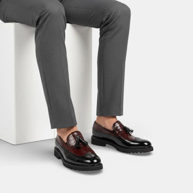 Men's Black Leather Wedge-Sole Tassel Loafers
