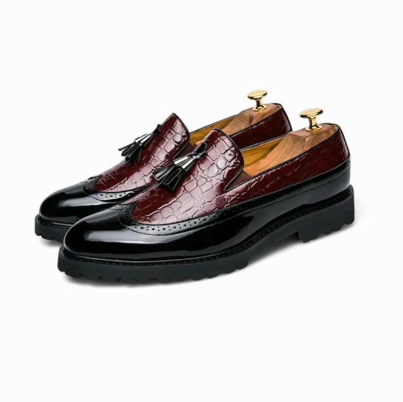 Men's Black Leather Wedge-Sole Tassel Loafers