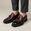 Men's Black Leather Wedge-Sole Tassel Loafers